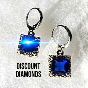 Blue Princess Cut Sapphire & Dainty White Baguette Diamond Earrings 925 Silver
